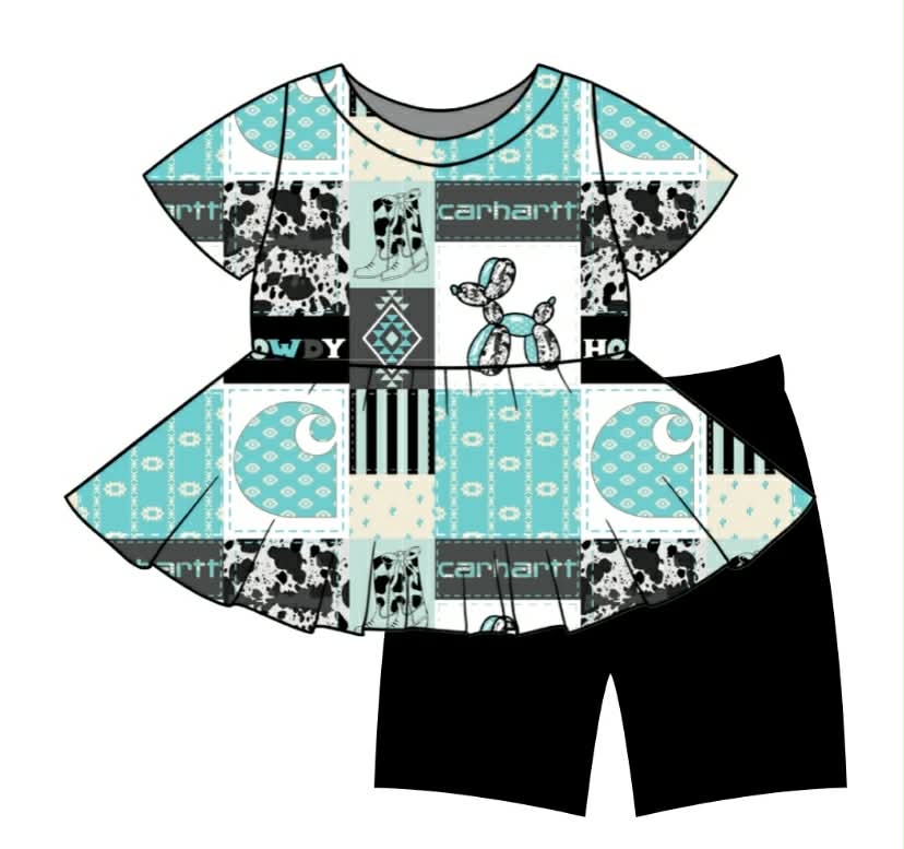 Black, White & Teal Howdy Patchwork Peplum Set(PREORDER CLOSES 6/12)